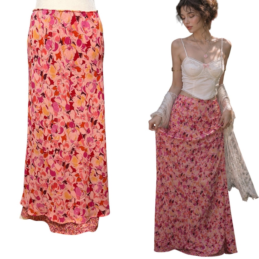 Vtg 90s Y2k Maxi Slip Skirt Womens‎ 12 Floral Romantic Feminine Whimsical Fairy